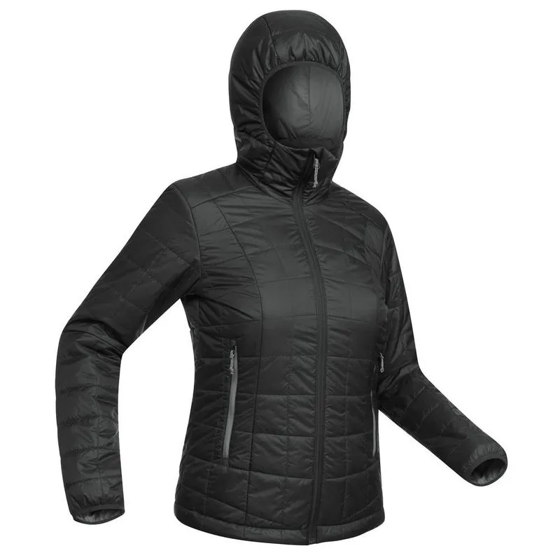 Jaqueta feminina de trekking Trek 100 com capuz TREK 100 HOODY W DOWN JACKET BLK, 2XL