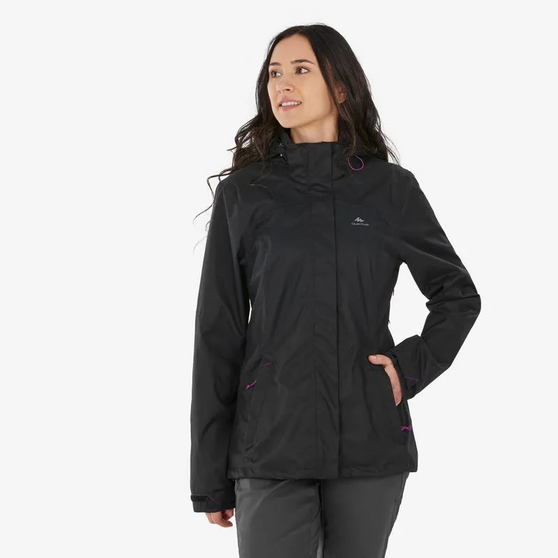 Jaqueta Feminina de Trilha MH100 Impermeável Quechua Cinza Casaco Impermeável de Caminhada na Montanha MH100 Mulher, 3G