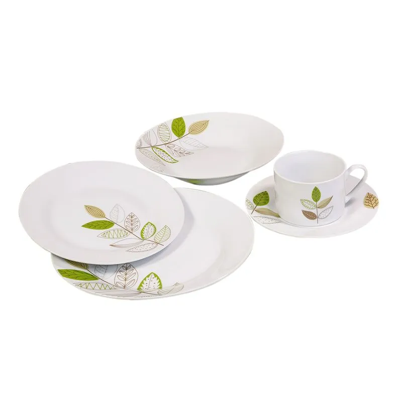 Aparelho de Jantar 20 Peças em Porcelana Carrefour Home HO309536 Estampa Folhas Branco e Verde