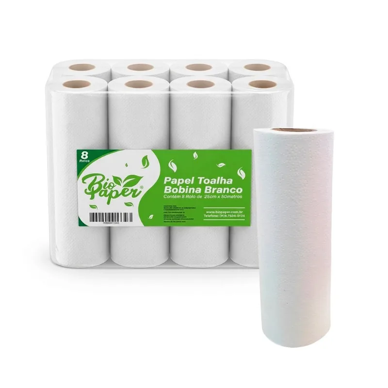 Papel Toalha Bobina Branco 25cm x 50 C/8 Bobinas Bio Paper