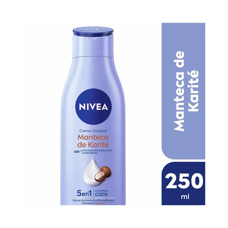 Crema corporal Nivea 5 en 1 manteca karité para piel seca 250 ml.