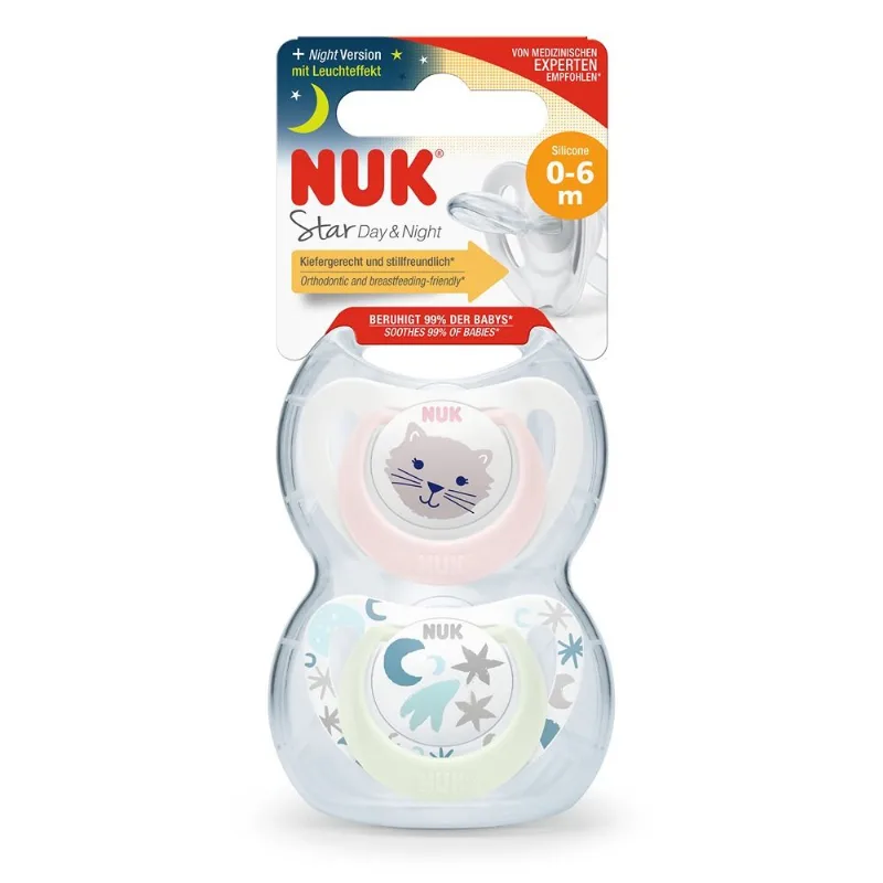 Chupete Nuk Star Day & Night Gato Rosa T1 0-6m x 2 un