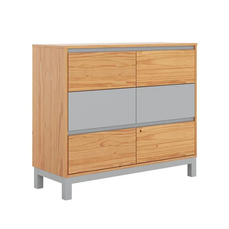 Cômoda Square 6 Gavetas Madeira Maciça Natural Pine e Cool Grey