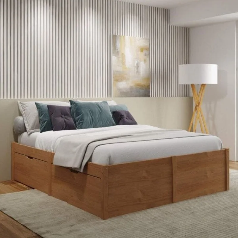 Cama Casal 4 Gavetas Madeira Maciça Beauty Marrom/Amêndoa Amendoa