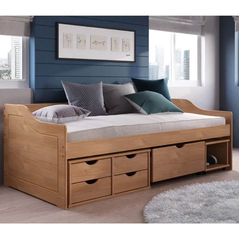 Cama Solteiro 4 Gavetas e Nicho Madeira Maciça Floro Marrom/Amêndoa Amendoa