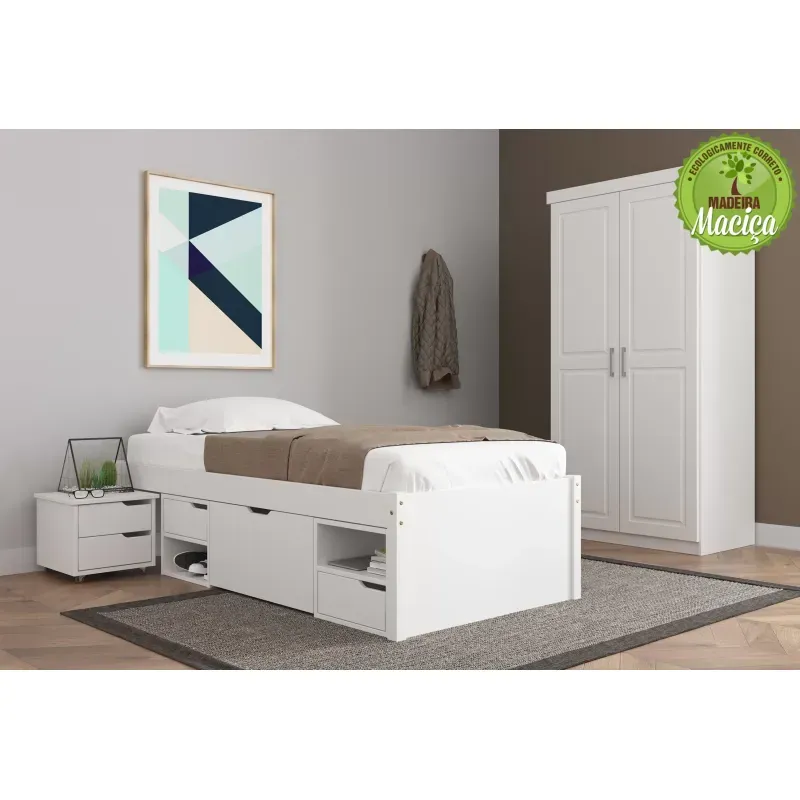 Cama Solteiro com 3 Gavetas e 1 Mesa de Cabeceira Charme Branco/Lavado Branco Lavado