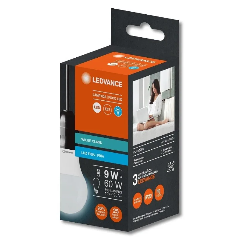 LAMPADA LED LEDVANCED 9W 806 LUMENS BIVOLT BRANCA 6,5K 25000H E27 NORMATIZADA