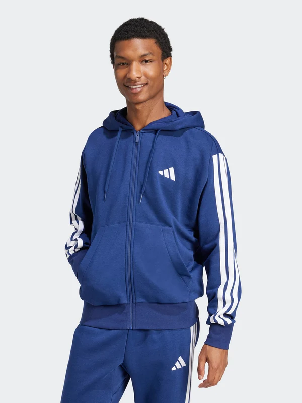 Essentials Three Stripes Fleece Hoodie BLU/WHT / XS