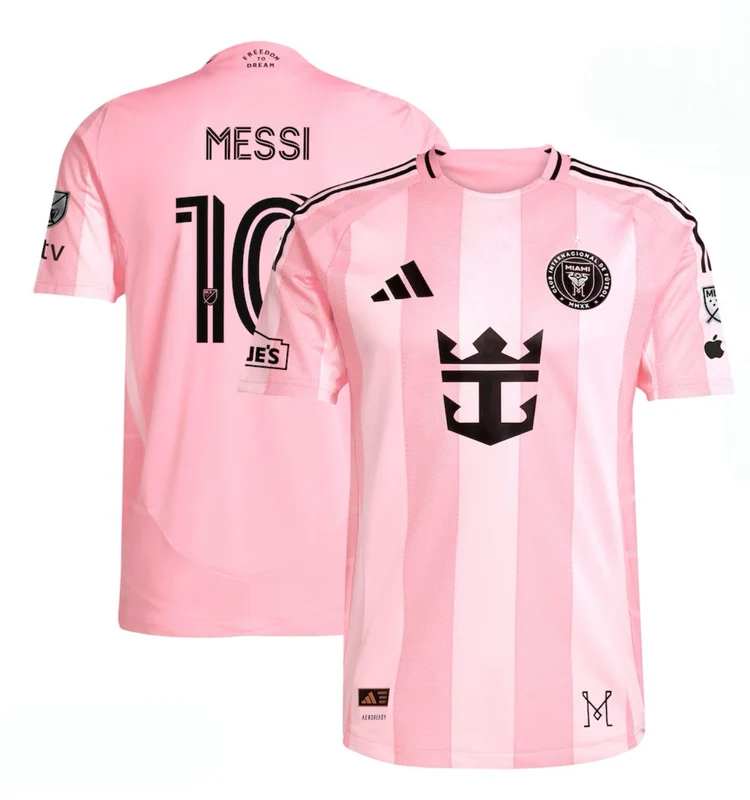 Inter Miami Adult 26/27 Home Authentic Jersey w/ Messi Name Set, Sleeve Sponsors and Star S (US S)