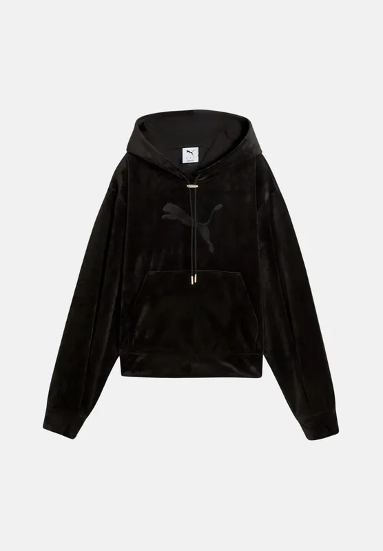 PUMA Felpa con cappuccio velour nero per donna con tasca a marsupio e cordoncino con finiture metalliche L