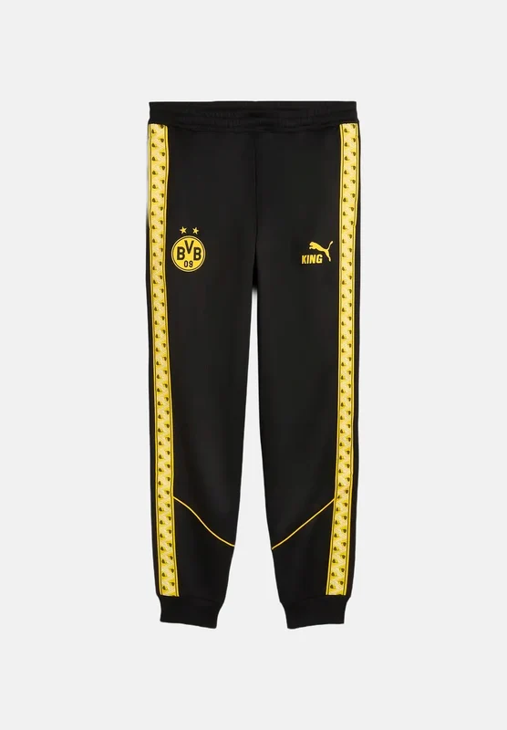 PUMA Pantaloni BORUSSIA DORTMUND TRACK PANTS nero da uomo con bande laterali gialle e caviglie elasticizzate. M