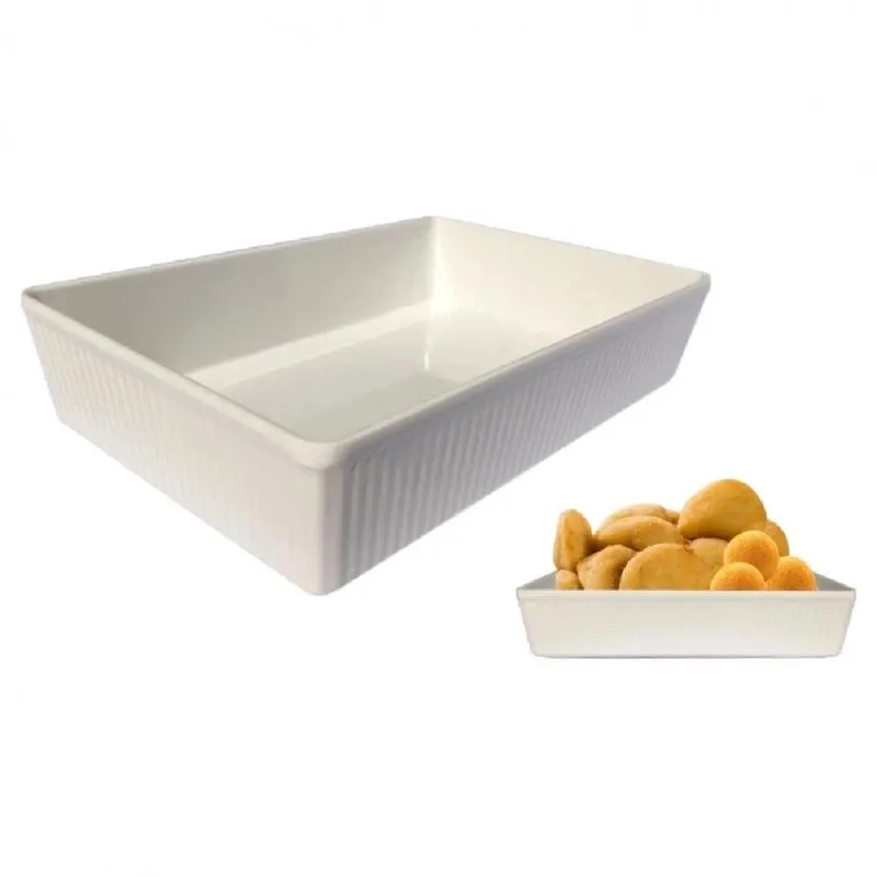Travessa Retangular Estriada 800ml - Branco 20,3x13,4 Cm