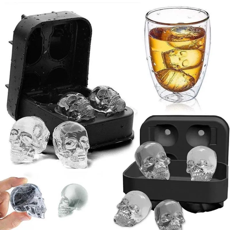 Forma Para Gelo Caveira Em Silicone 4 Unidades 11x8cm Preta