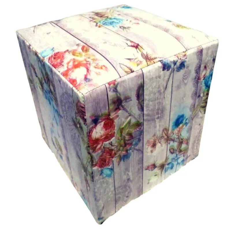 Puff Quadrado Courino Estampa Flores 34X34 Cm