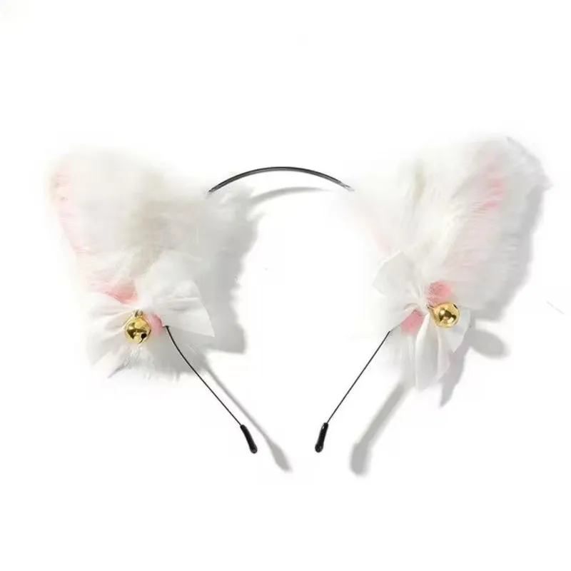 Tiara Orelha De Gato Branca E Rosa Com Guizo 50cm