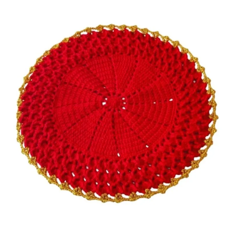 Kit Com 6 Sousplat Em Crochê Artesanal 35Cm Vermelho Dourado