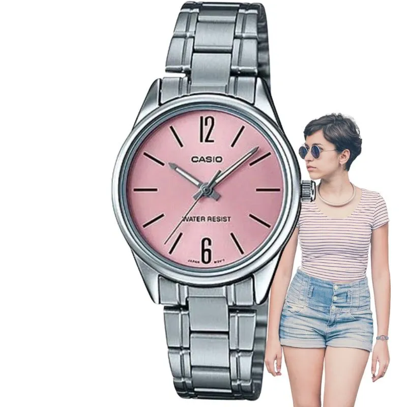 Relógio de Pulso Casio Feminino Analógico Redondo Pequeno Quartz Aço Inóx Resistente Água Elegante Clássico Casual Prata LTP-V005D-4BUDF