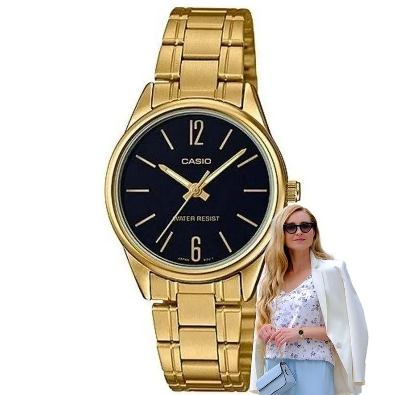 Relógio de Pulso Casio Feminino Analógico Pequeno Resistente àgua Minimalista Aço Inóx Casual Dourado LTP-V005G-1BUDF
