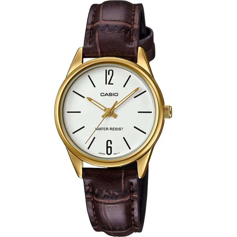 Relogio Casio Feminino Ltp-v005gl 7bu Dourado Couro Marrom
