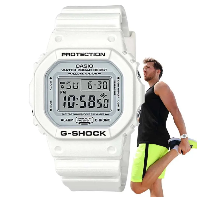 Relógio de Pulso Masculino Casio G-shock Digital Prova Dágua 200 Metros Resistente Choques Quadrado Esportivo Branco Série DW-5600MW-7DR