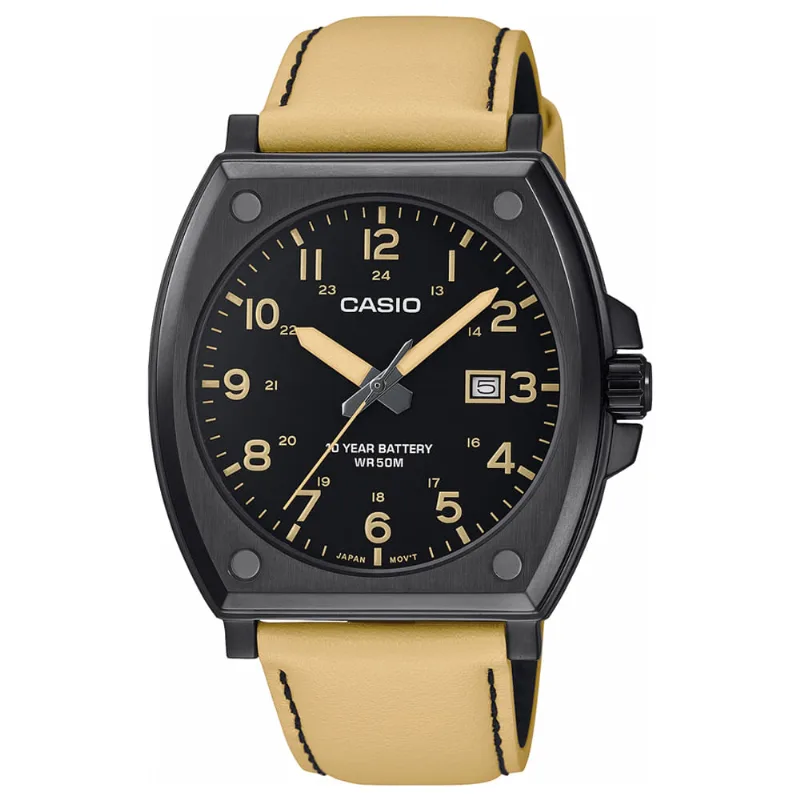 Reloj Casio MTP-E715L-5AV Fecha Acero Inoxidable Negro Correa de Cuero Beige