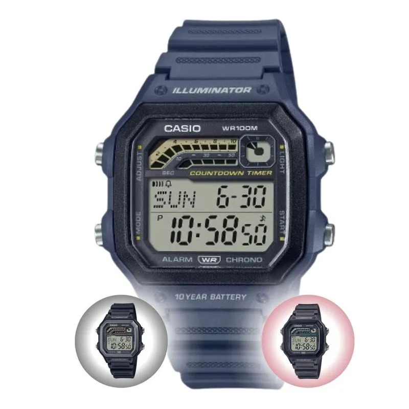 Relógio de Pulso Casio Masculino Esportivo Cronógrafo Hora Mundial Prova Dágua 100 Metros Temporizador Digital WS-1600H Preto Grafite Azul