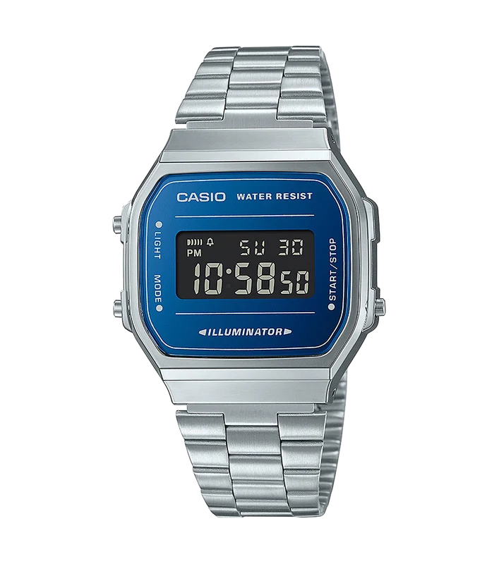Casio Collection Mens Digital Watch with Blue Dial and Silver Strap A168WEM-2BEF