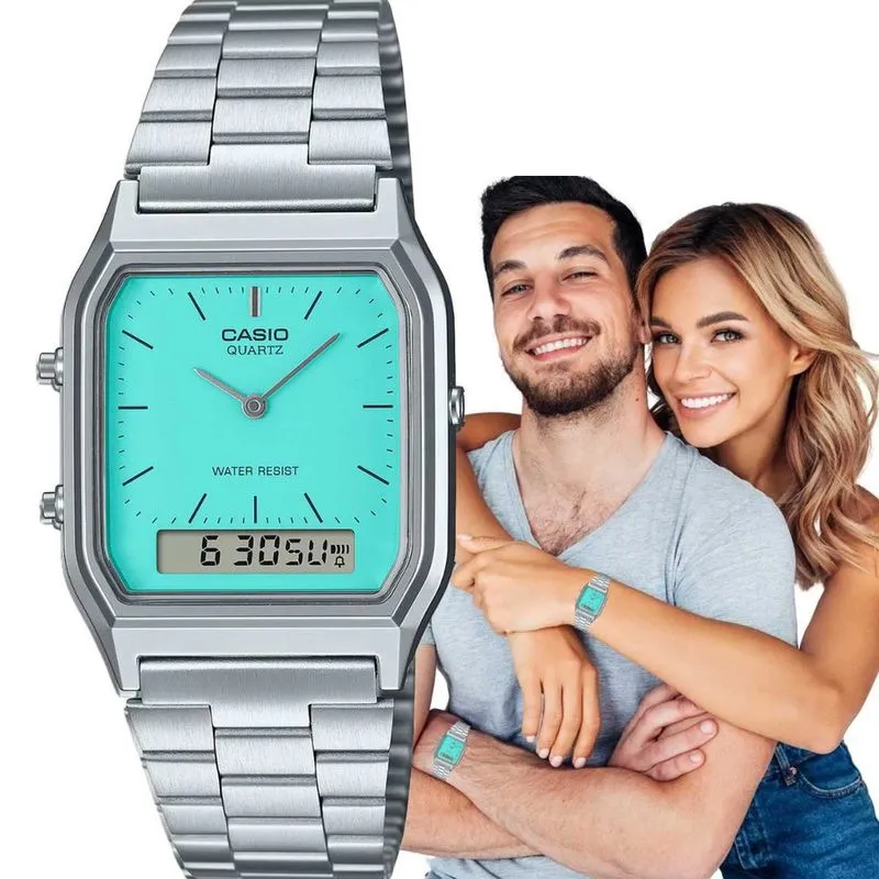 Relógio de Pulso Masculino Feminino Casio Vintage Unissex Anadigi Analógico Digital Quadrado Resistente Água Casual Prata AQ-230A-2A2MQYDF