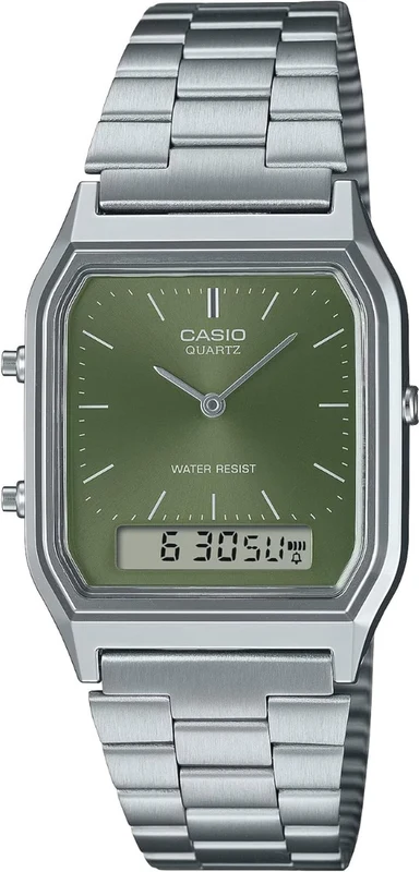 Casio Collection Mens Analogue- Digital Watch with Green Dial and Silver Strap AQ-230A-3AMQYES