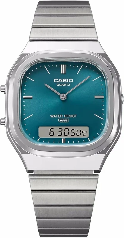 Casio Collection Mens Analogue- Digital Watch with Green Dial and Silver Strap AQ-240E-3AEF