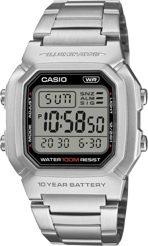 Casio Collection Mens Digital Watch with Silver Dial and Silver Strap W-800HD-1AVEF