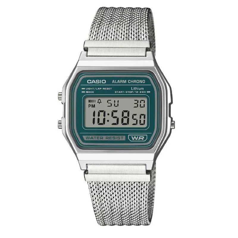 Relógio Digital Vintage A158WEM-3DF Pulseira Aço Inox LED Verde Prata Casio