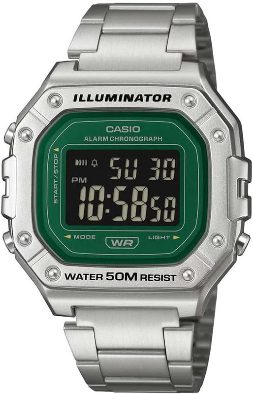 Casio Collection Mens Digital Watch with Green Dial and Silver Strap W-218HD-3AVEF
