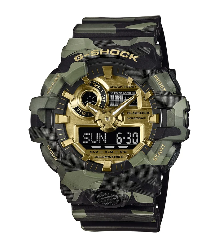 Casio G-Shock Mens Watch with Gold Dial and Camo Strap GA-700CMG-3AER