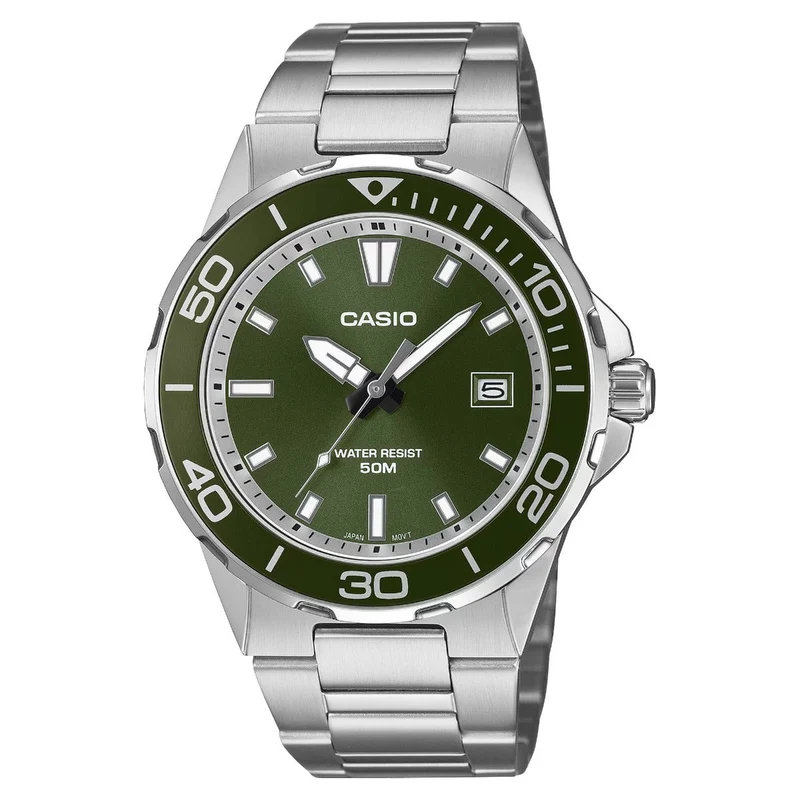 Casio Mens Watch with Green Dial and Silver Strap MTD-145D-3AVER