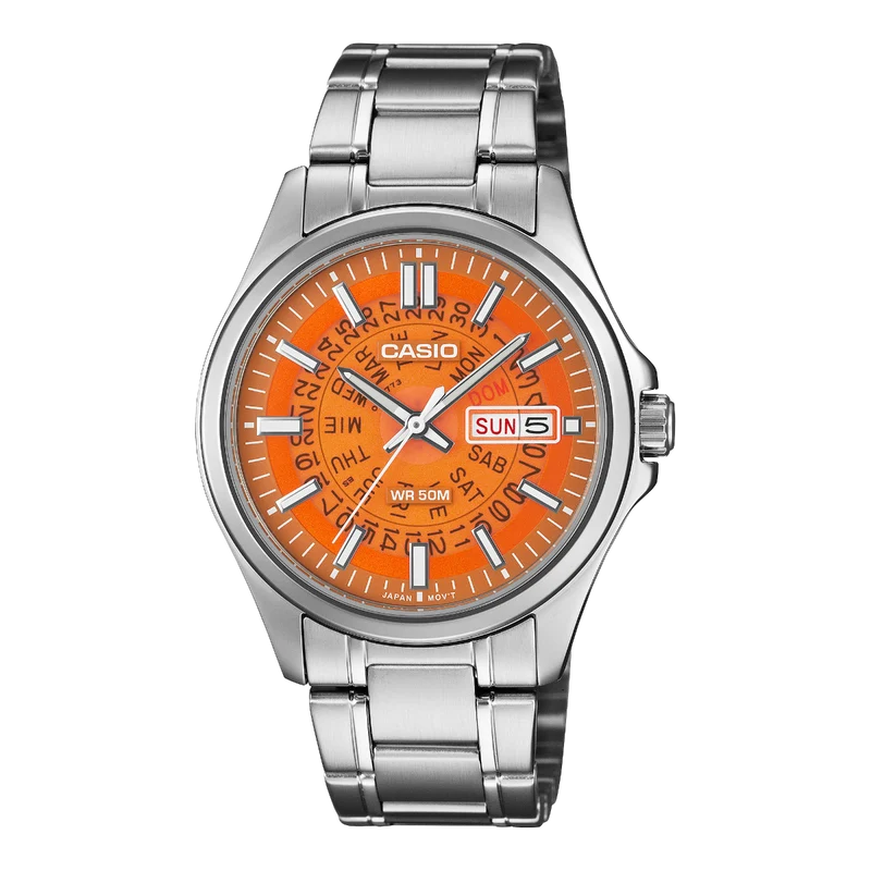 Casio Mens Watch with Orange Dial and Silver Strap MTP-E740-4AVER