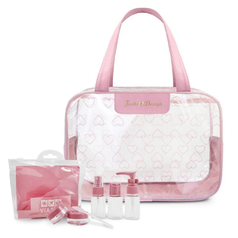 Kit De Bolsa Transparente E Frascos De Viagem De 7 Peças Rosa