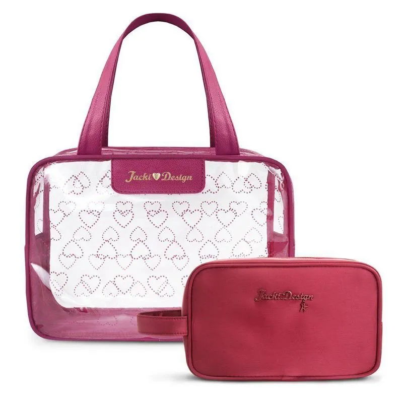 Kit Bolsa Transparente + Necessaire C/ Alça Vinho