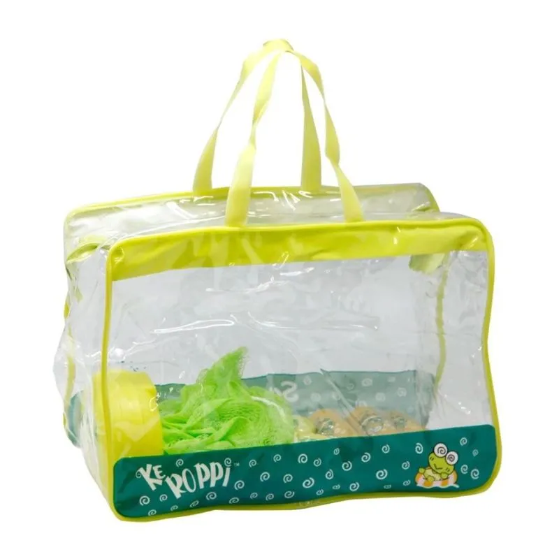 Kit Banho E Viagem Infantil Keroppi Sanrio Bolsa Higiene Toalha Espelho Saboneteira Spray Bucha