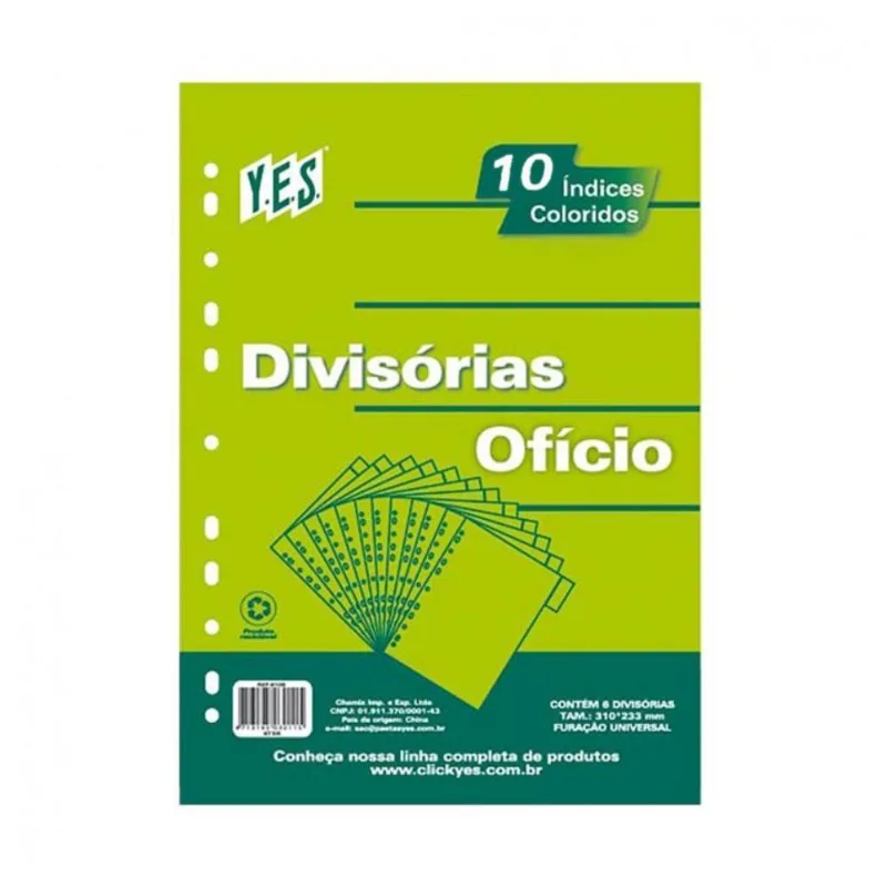 Divisória Para Fichário Ofício Yes 10 Divisões C/visor Color