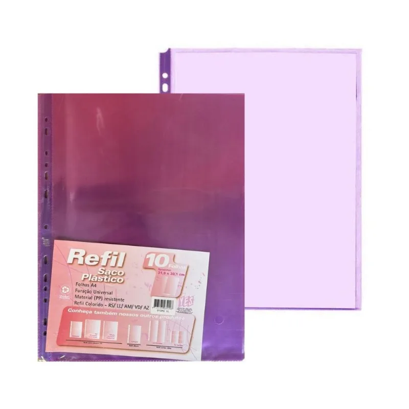 Refil Sacos Plásticos Yes A4 Com 10 Unidades Lilás Transparente Furação Universal Resistente Folhas