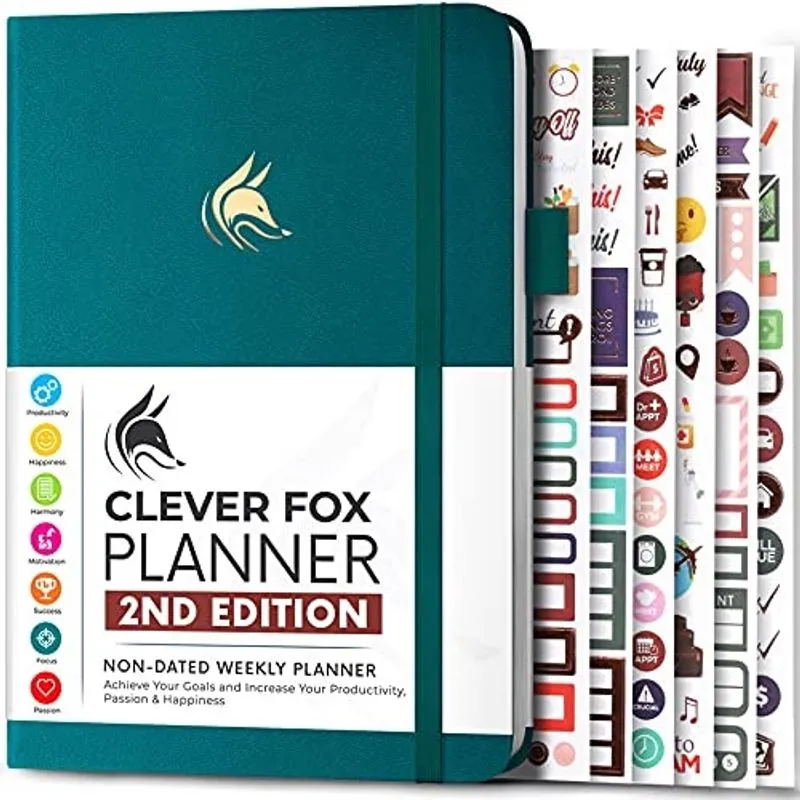 Clever Fox Planner 2ª Edição – Colorido Semanal & Mensal Planejador de Metas, Rastreadores de Hábitos, Organizador de Gerenciamento de Tempo e Produtividade, Jornal da Gratidão, Sem Data, A5, Dura 1 A