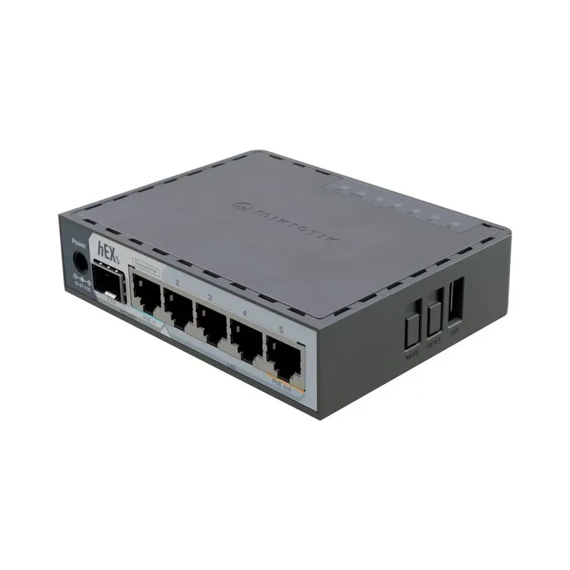 Roteador MikroTik E60iUGS hEX S (5× LAN, 2.5 G SFP, Dual-Core 950 MHz ARM, 512 MB RAM, 128 MB NAND, PoE-IN/OUT, USB)
