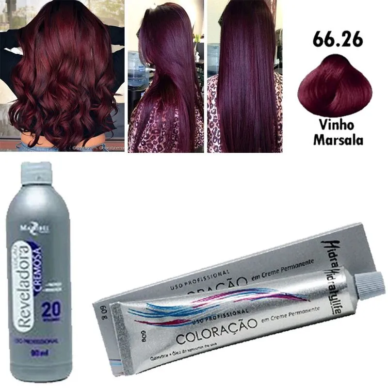 Kit Vinho Marsala 1 Coloração 66.26 e 01 ox 20 90ml Mairibel