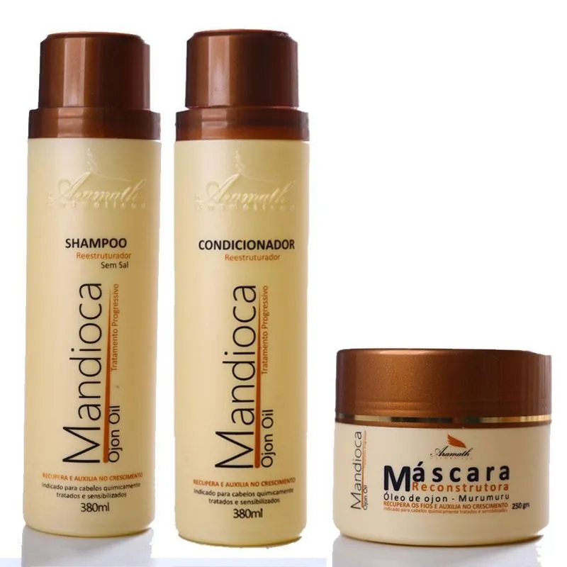 Kit Recosntrutor Shampoo, Condicionador E Máscara Mandioca