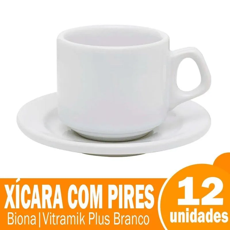 Xícara De Chá Biona Vitramik Plus Com Pires 180ml Branco - Embalagem Com 12 Unidades