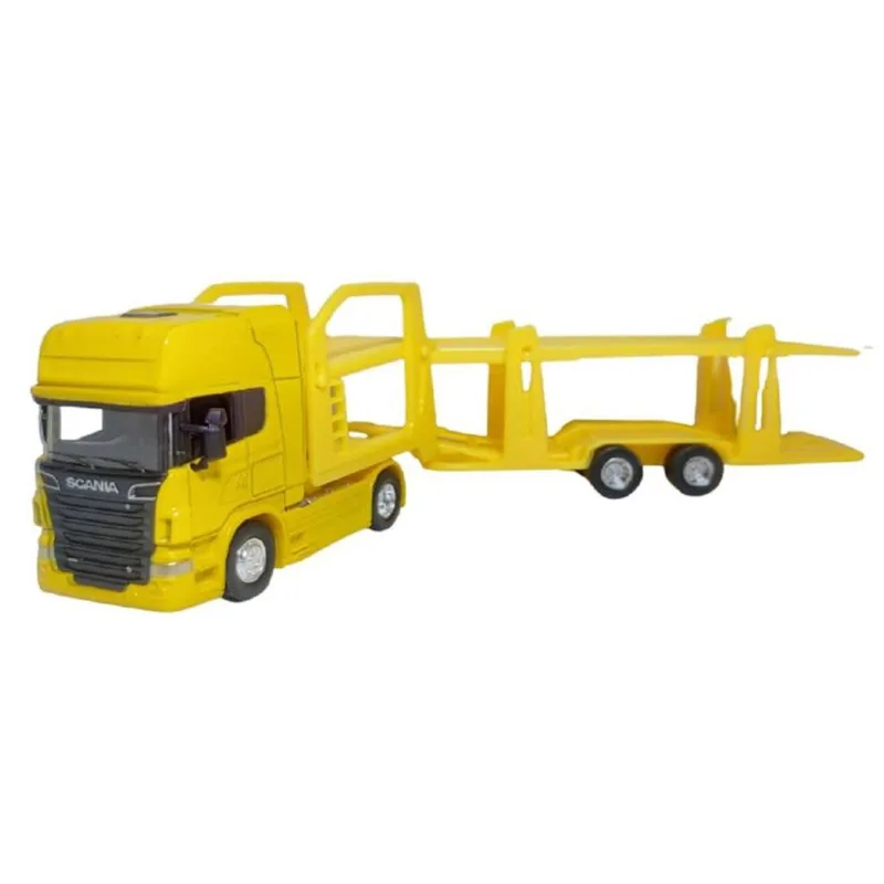 Miniatura Carreta Cegonha Scania Welly 1/64 Metal e Fricção Amarela