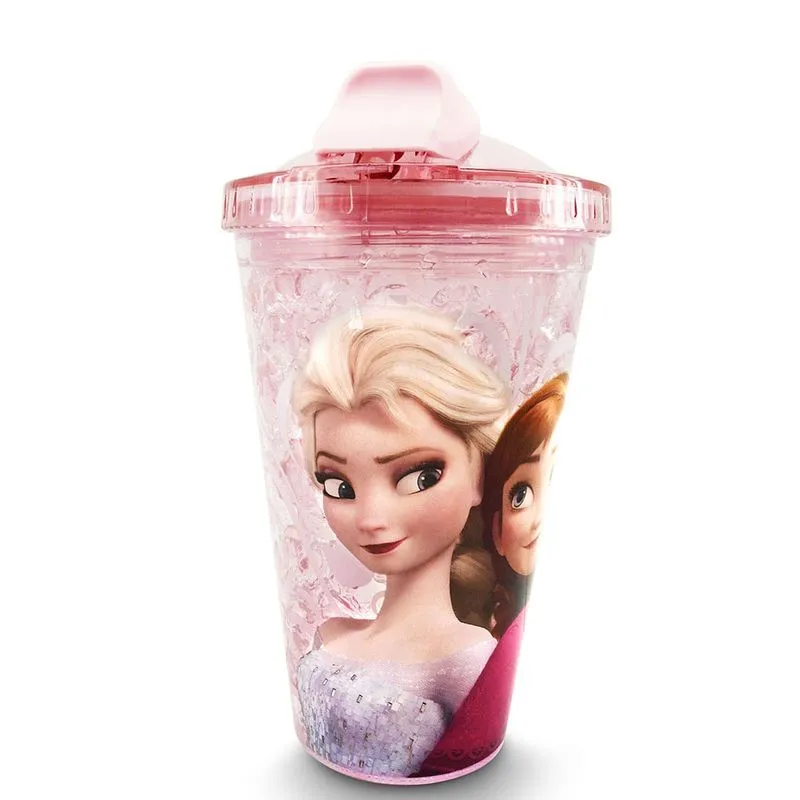Copo Rosa Com Canudo E Tampa Gel Congelante Anna & Elsa Frozen 450ml - Disney