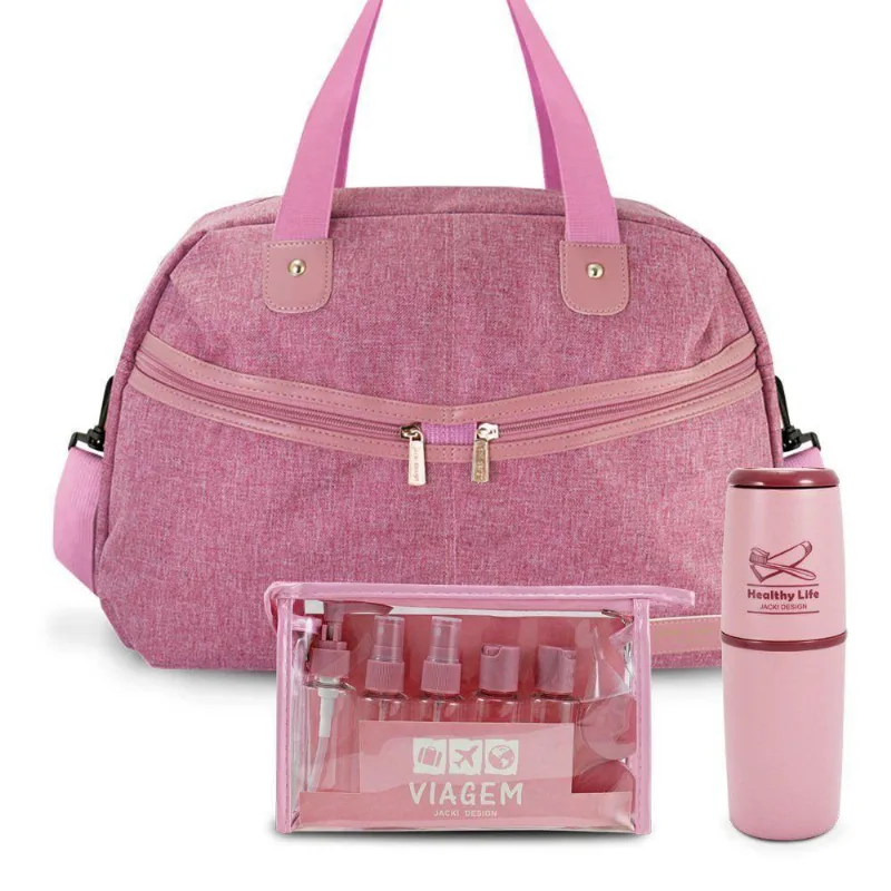 Kit Bolsa De Viagem + Porta Escova De Dente + Frascos De Viagem 10 Peças Rosa