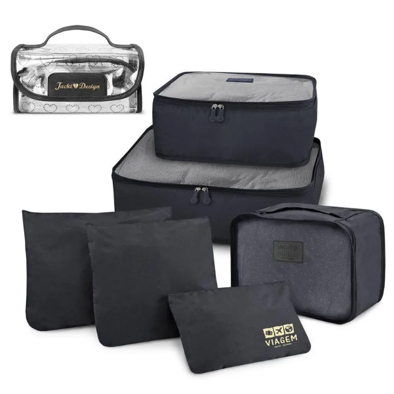 Kit Organizador De Malas 6 Peças + Necessaire Rocambole Preto